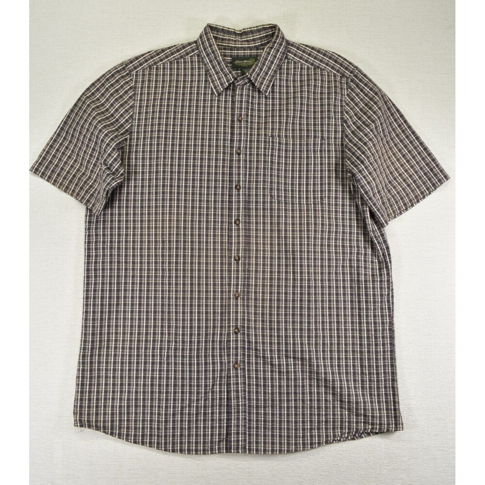 Eddie Bauer Mens XL Tall Brown Plaid Seersucker Short Sleeve Button Up Shirt XLT